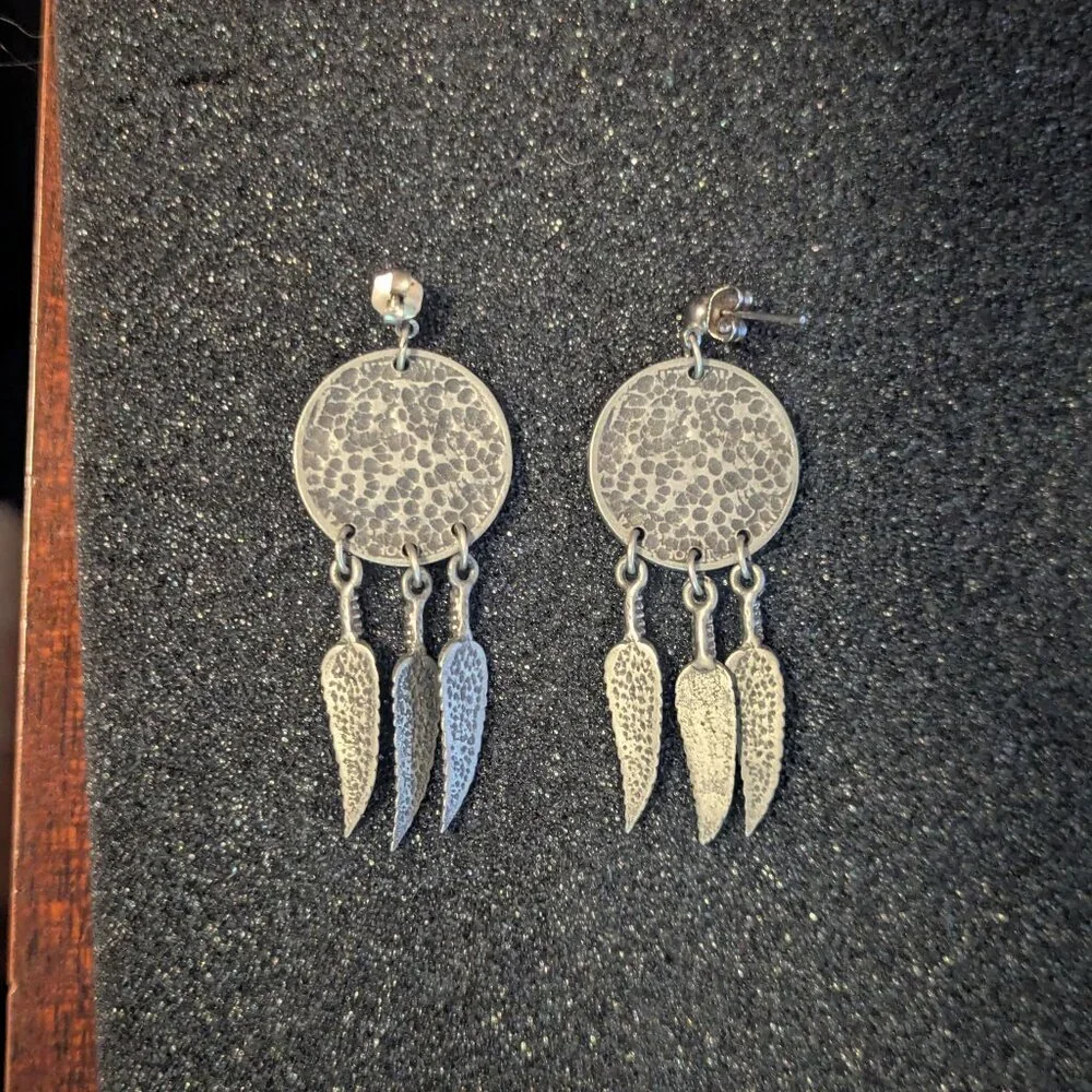 Native Inspired‎ Buffalo Nickle Feather Earrings Dangle Indian Head Pierced Boho